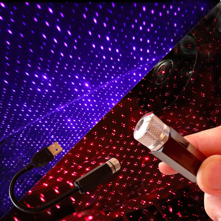 USB-powered StarGlow star projector with flexible neck, designed as a car accessory or bedroom ambient lighting.