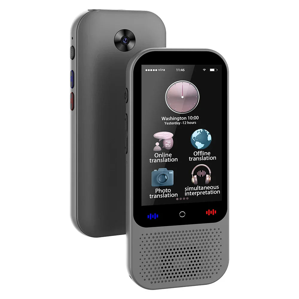Portable voice translator for 138 languages, front view. Ideal travel gadget.