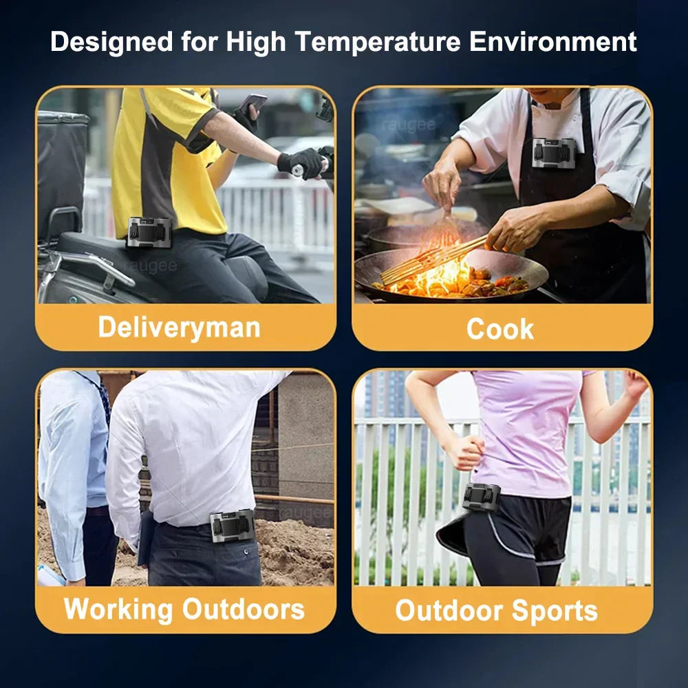 Essential job site fan: portable waist clip design with dual air outlets for sustained cooling.