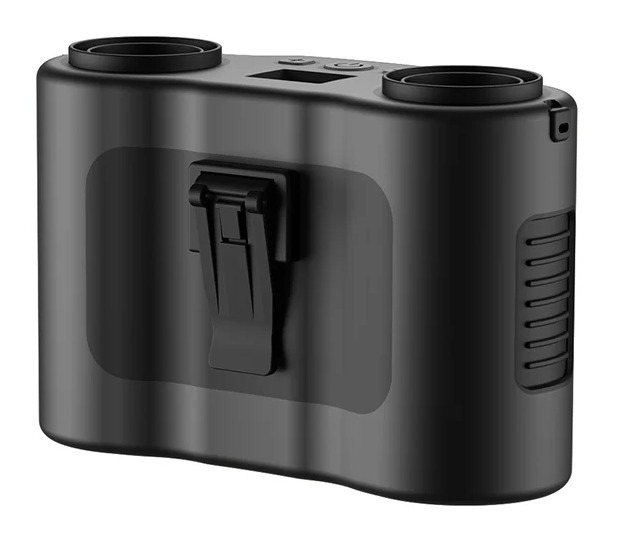 Hands-free personal cooling solution: a durable waist fan featuring dual powerful air vents.