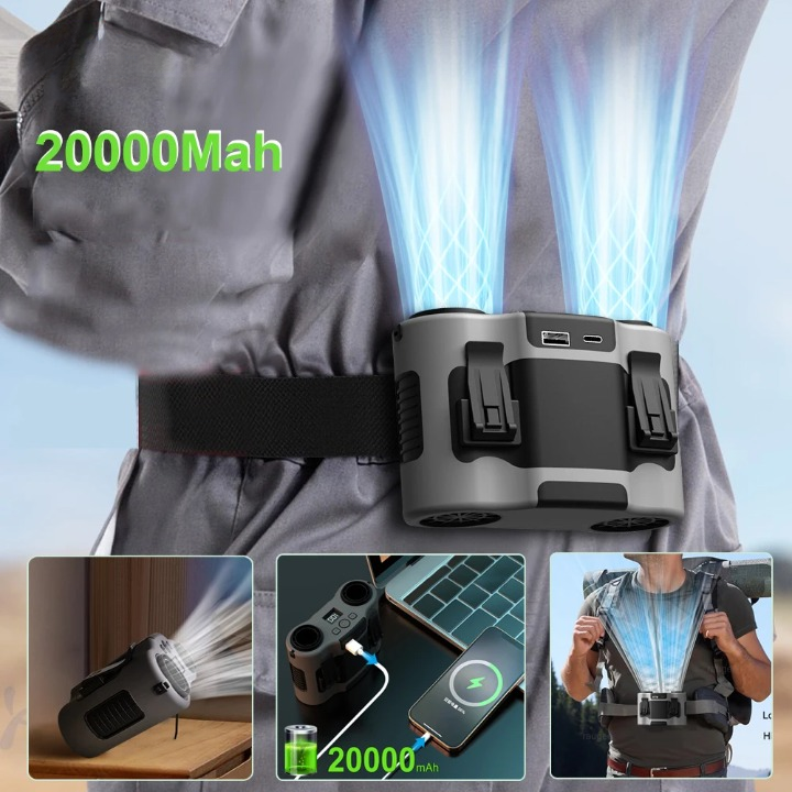 USB-powered waist clip fan for hands-free comfort, highlighting its dual air outlet design.