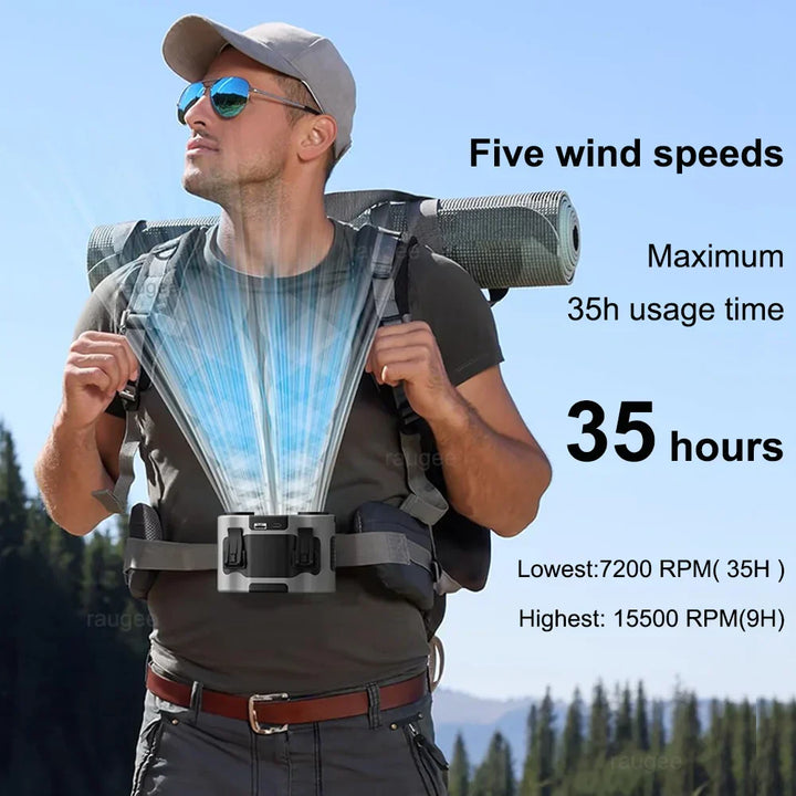 Ergonomic rechargeable waist fan, providing hands-free personal cooling for active users.