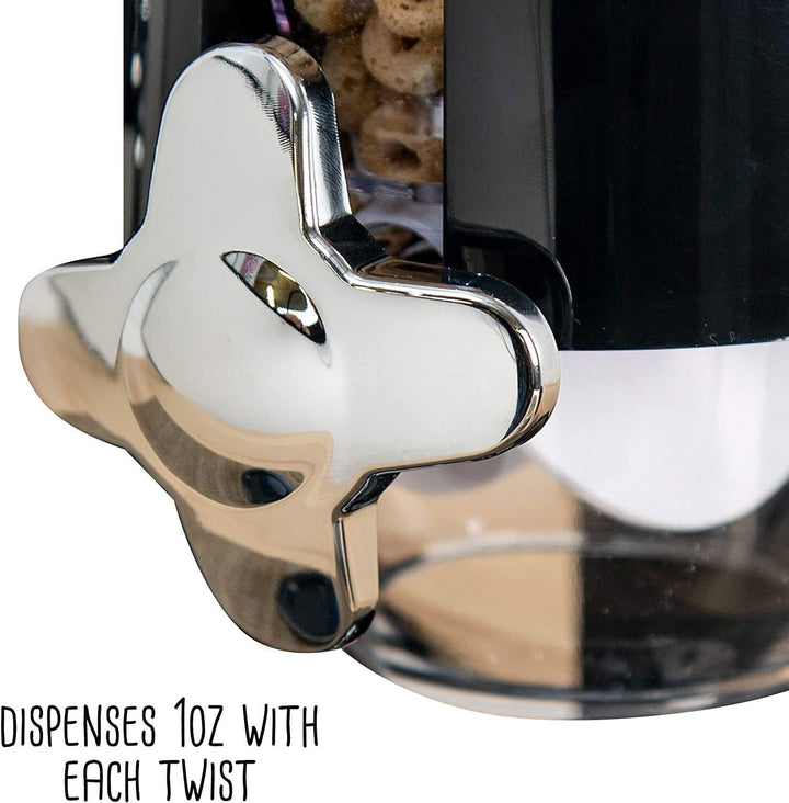 Side view of PortionMate double dry food dispenser, 2 clear canisters for various breakfast items