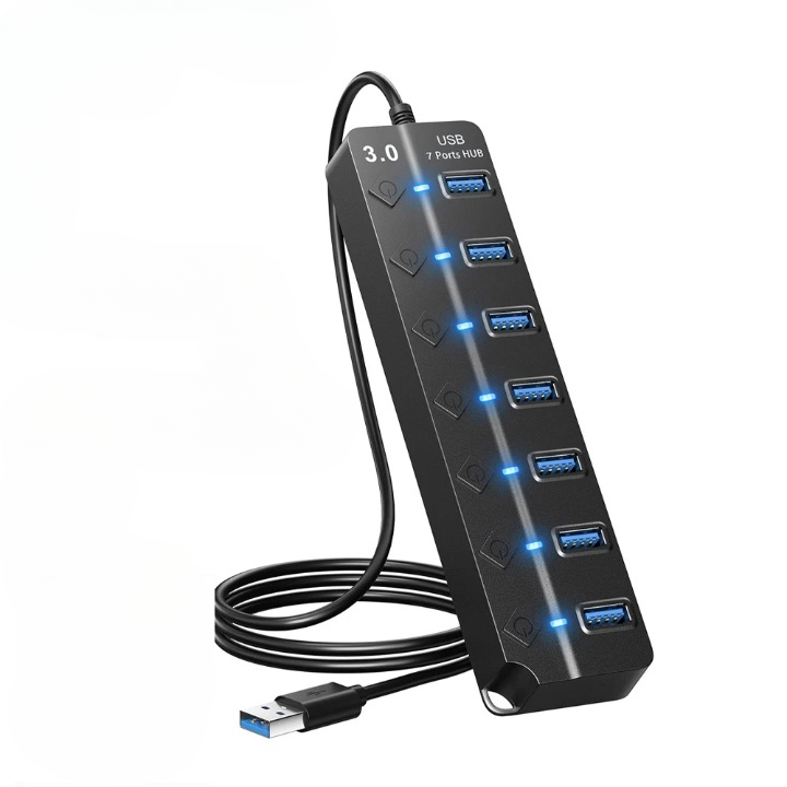 Back view of the PortMaster 7-Port USB 3.0 Hub, revealing the power input and USB cable connection
