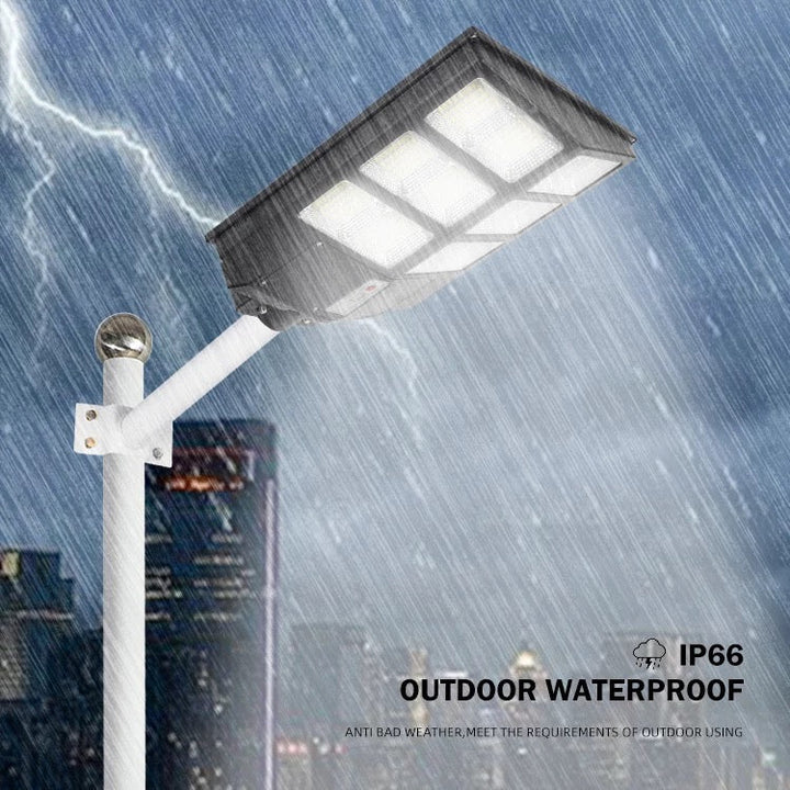 Weatherproof solar LED security lamp, wireless outdoor light with remote control for yard & garage.
