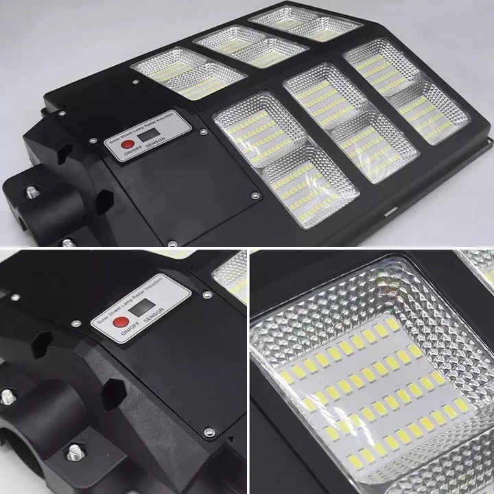 Cool white LED solar security lamp. Wireless, remote-controlled outdoor lighting for driveways & porches.