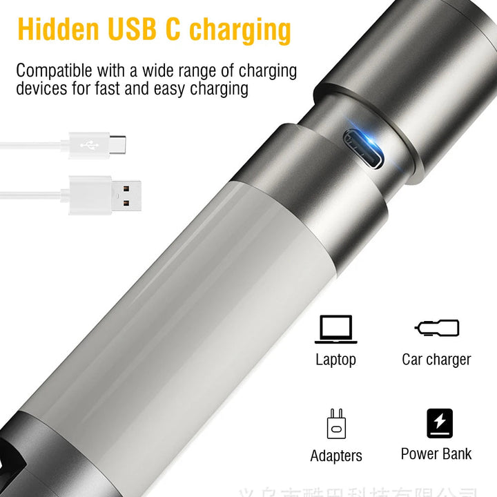 Compact USB-C rechargeable flashlight, durable and ready for emergency kits.