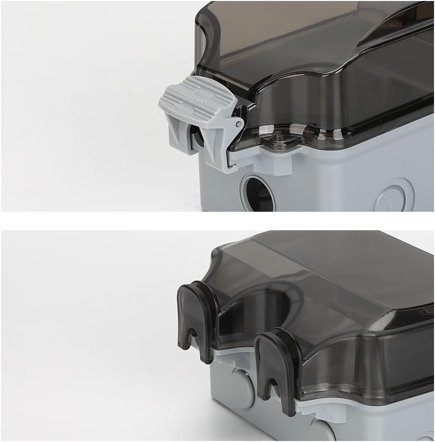 Close-up of PowerGuard IP66 weatherproof electrical outlet with secure, lockable cover, ideal for garden power