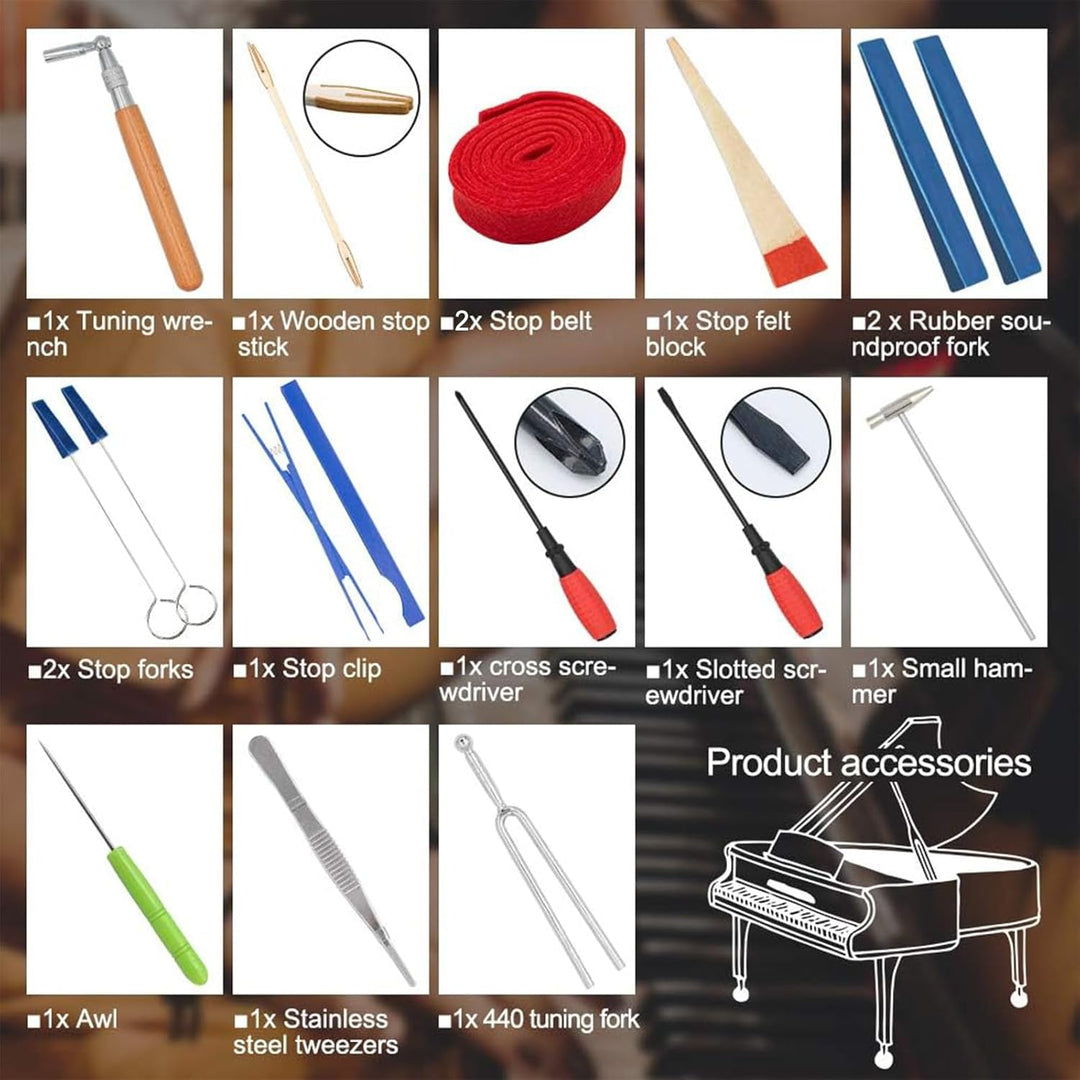Complete professional piano tuning tool set with various hammers, muting tools, and case for repair