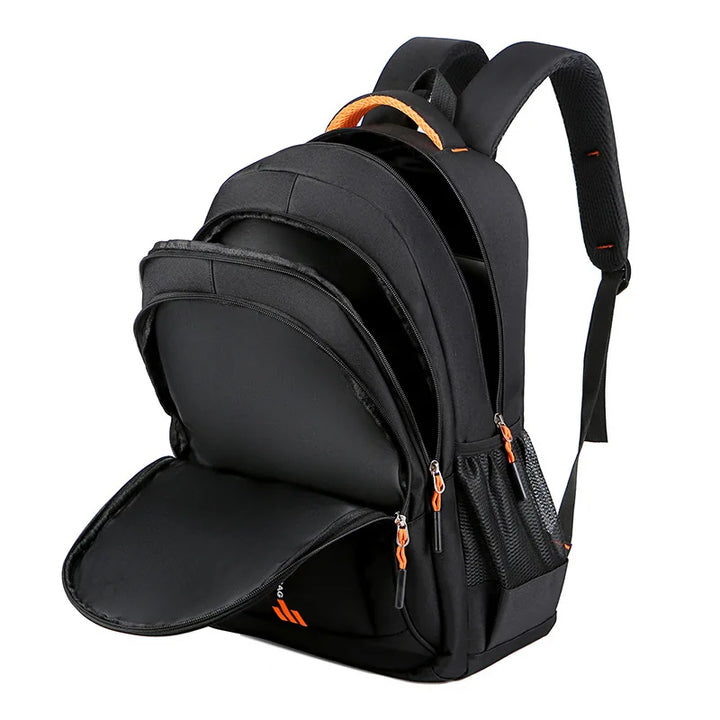 Sleek black men's waterproof backpack, designed for a comfortable daily commute and business needs.