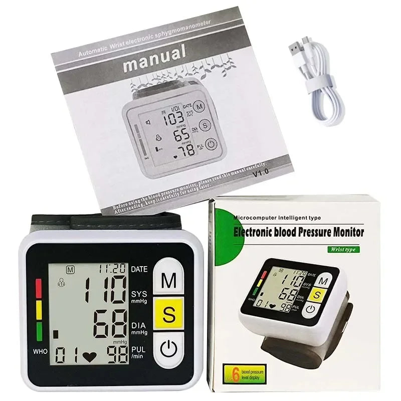 Digital Wrist Blood Pressure Monitor, PulseTrack, showing time and pulse readings on its LCD screen