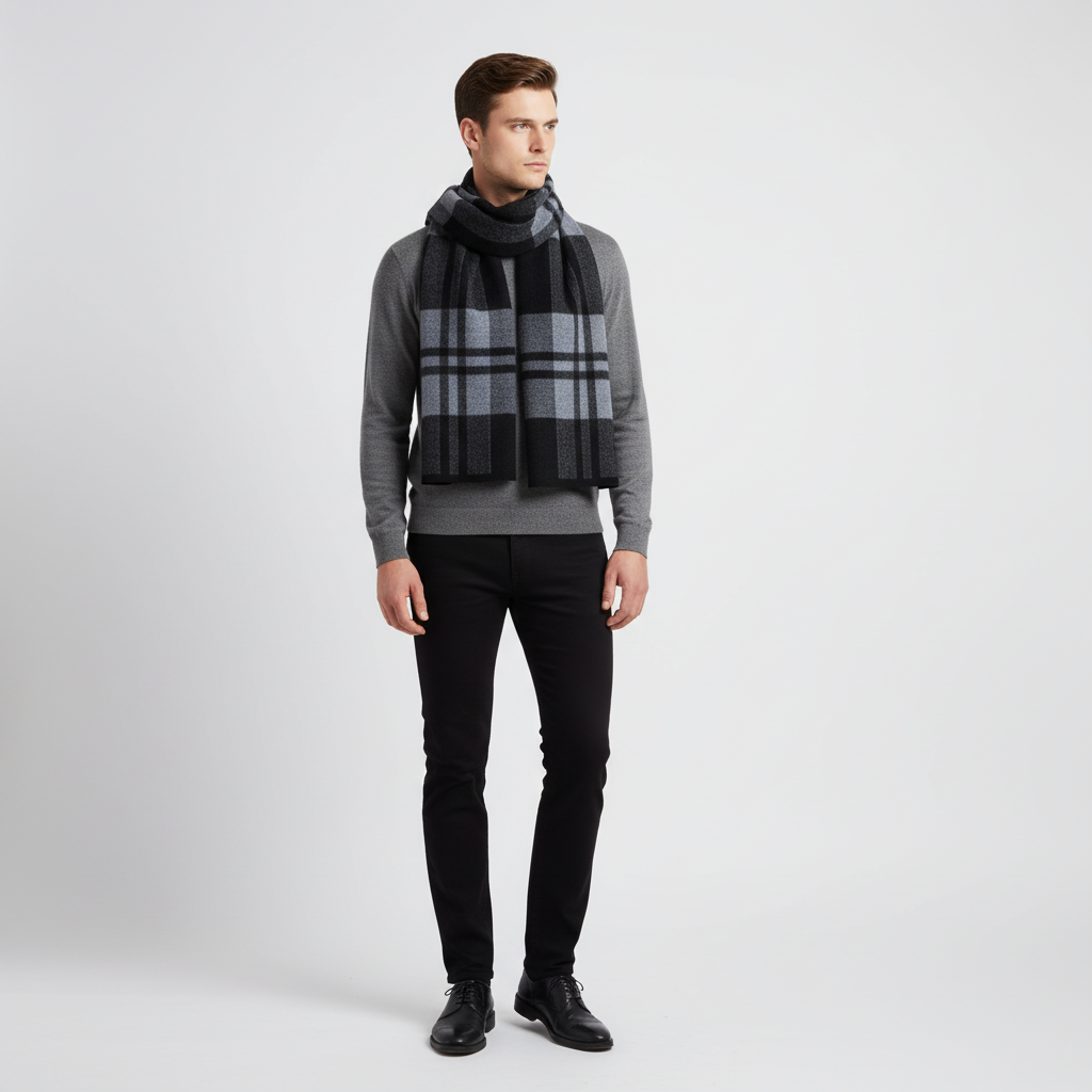 Pure wool plush men's checkered scarf against winter background, ultimate warmth