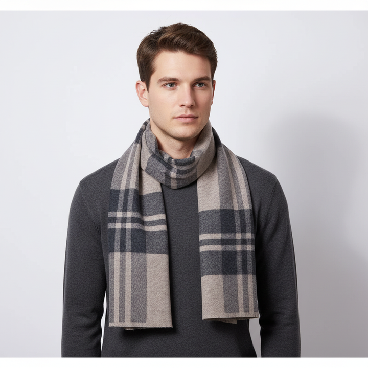 Wrapped pure wool plush men's scarf, gray color, providing exceptional winter warmth