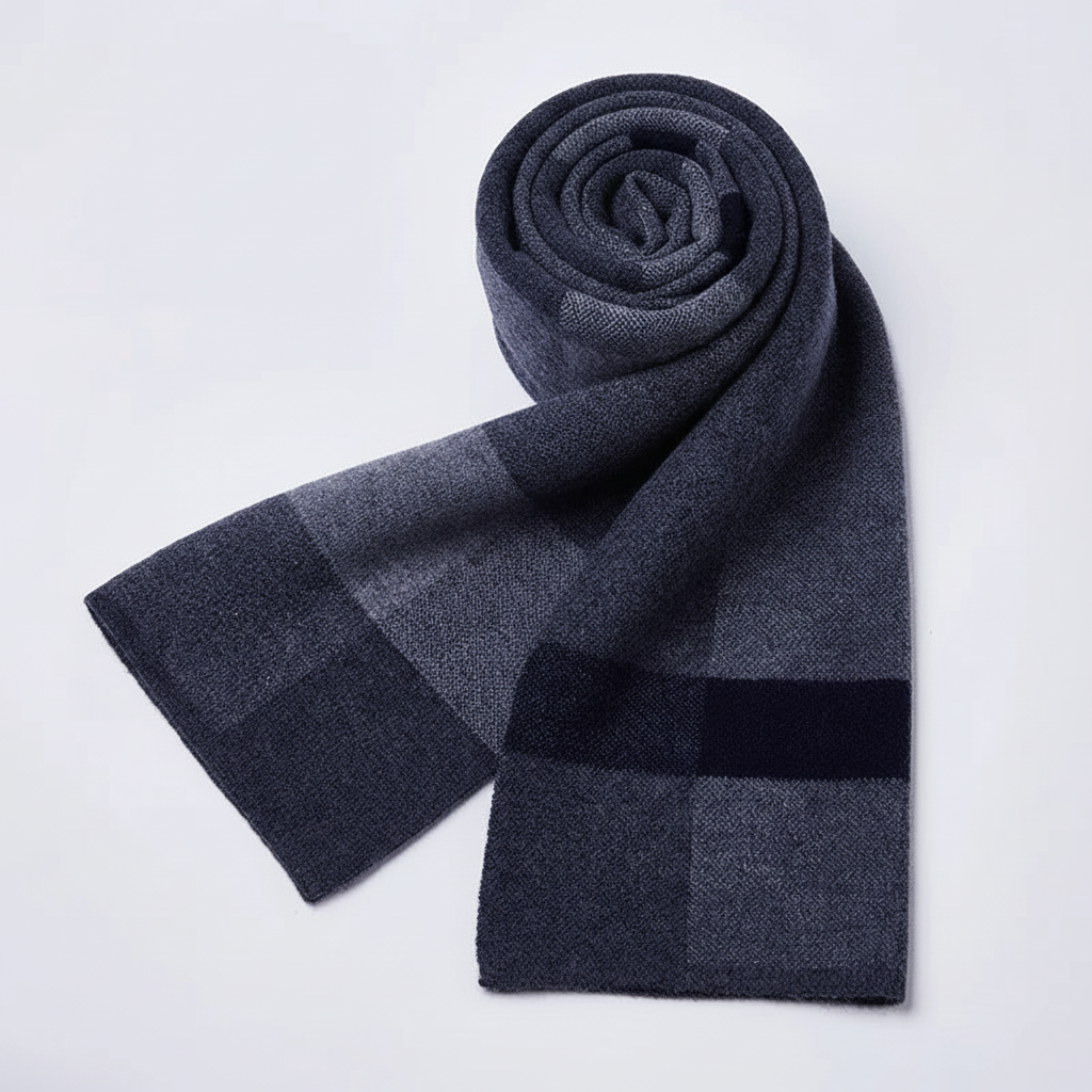 Striped pure wool plush men's winter scarf, red and gray, cozy & stylish wrap