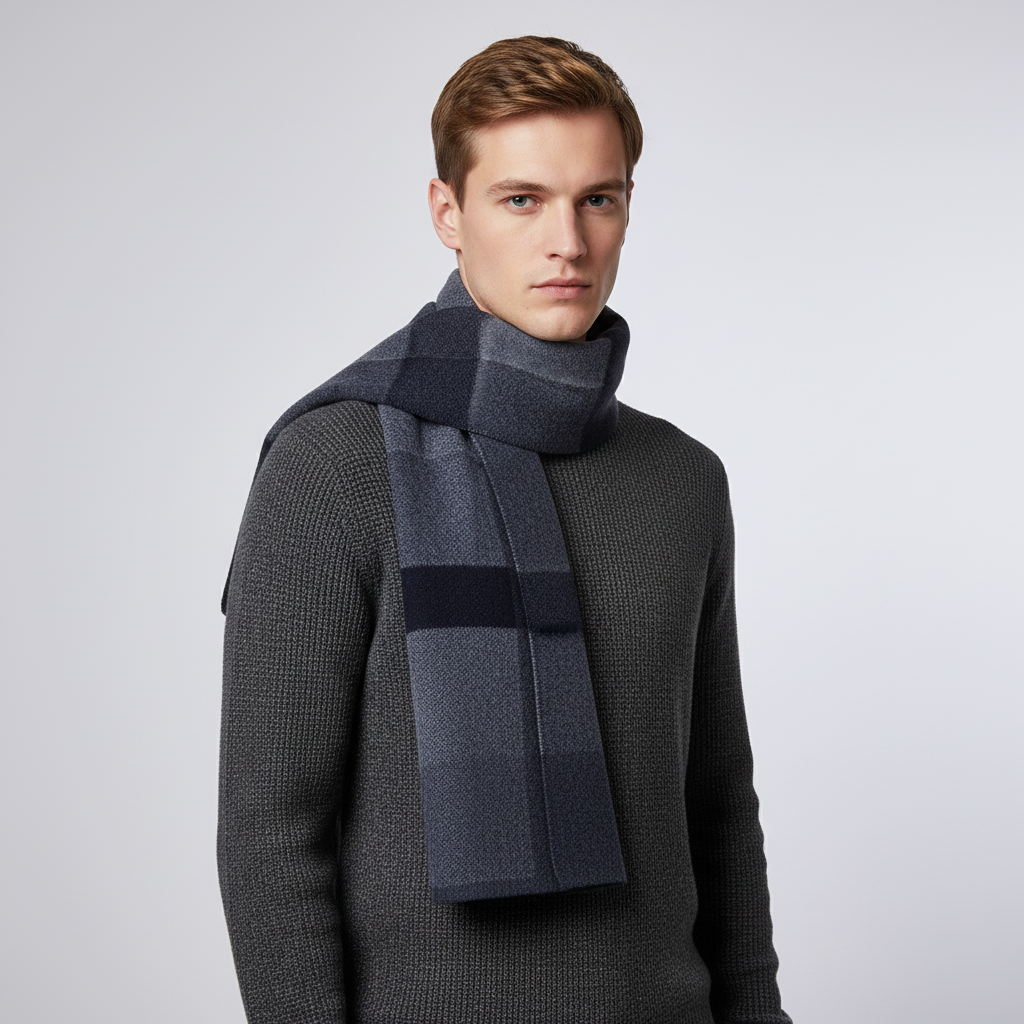 Close-up of plush pure wool men's scarf texture, showing softness & warmth