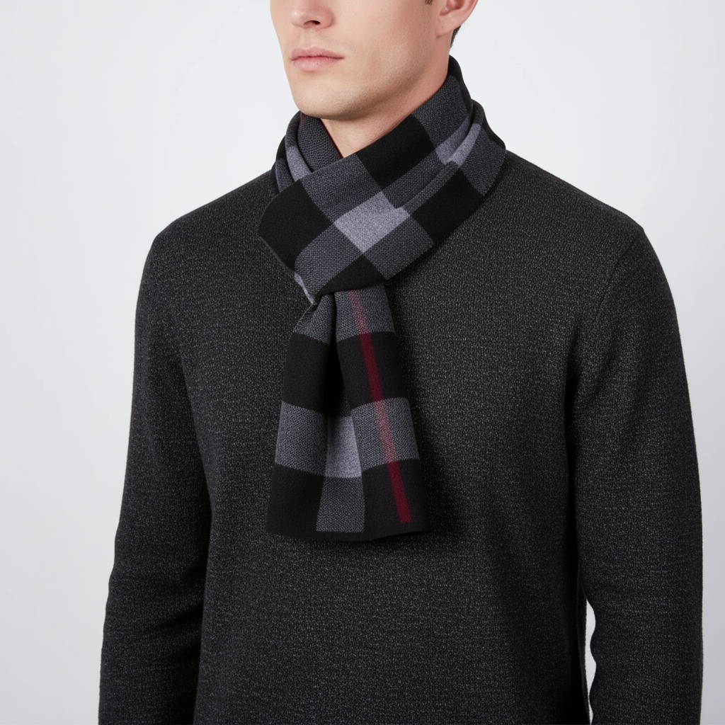 Red pure wool plush men's winter scarf draped artfully, a cozy fashion statement