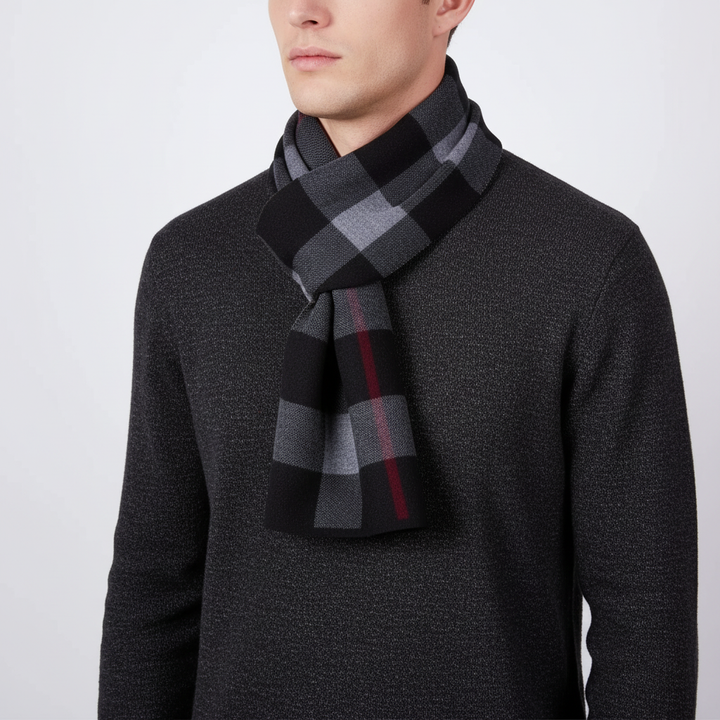Red pure wool plush men's winter scarf draped artfully, a cozy fashion statement