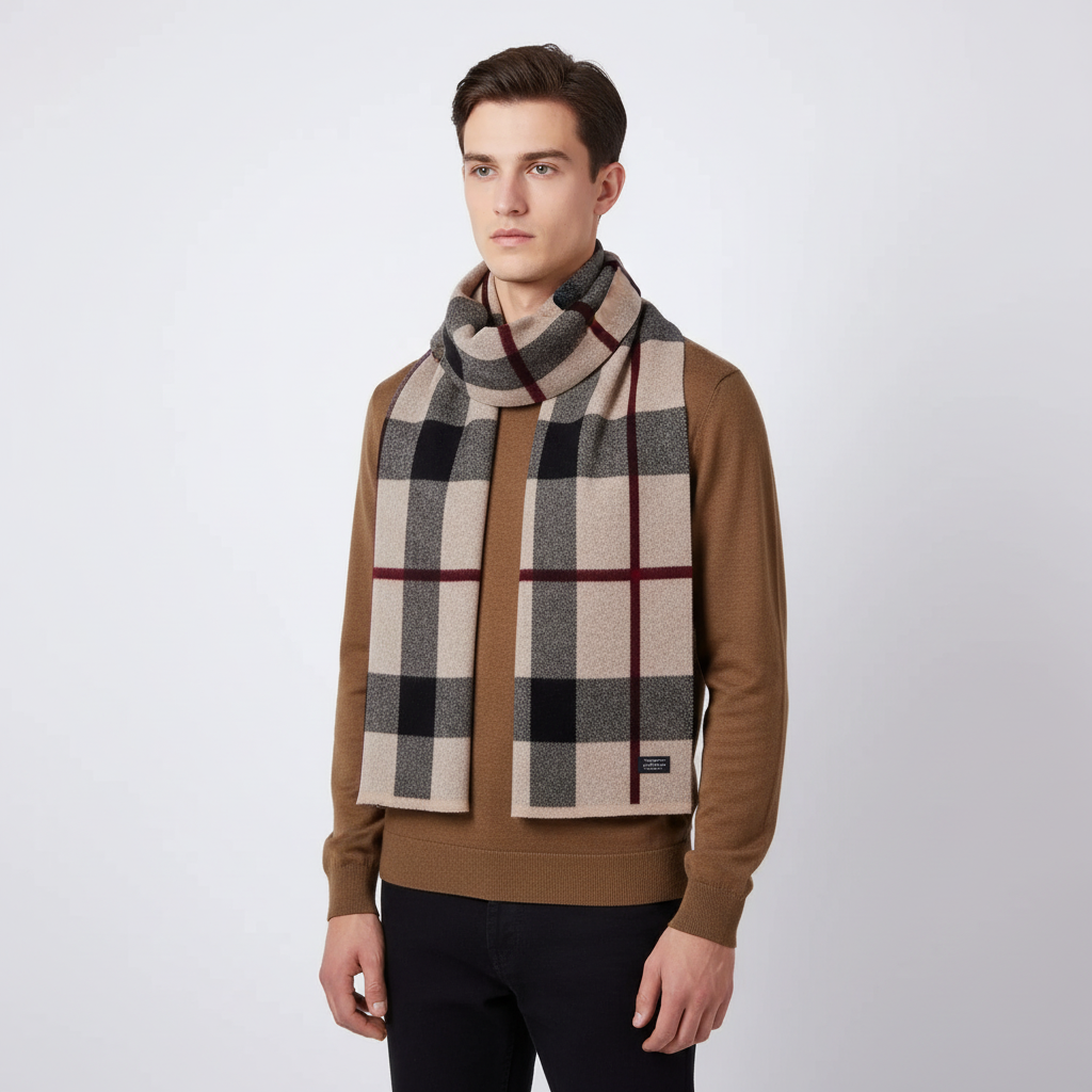 Detailed shot of pure wool fibers in a plush men's winter scarf, emphasizes quality