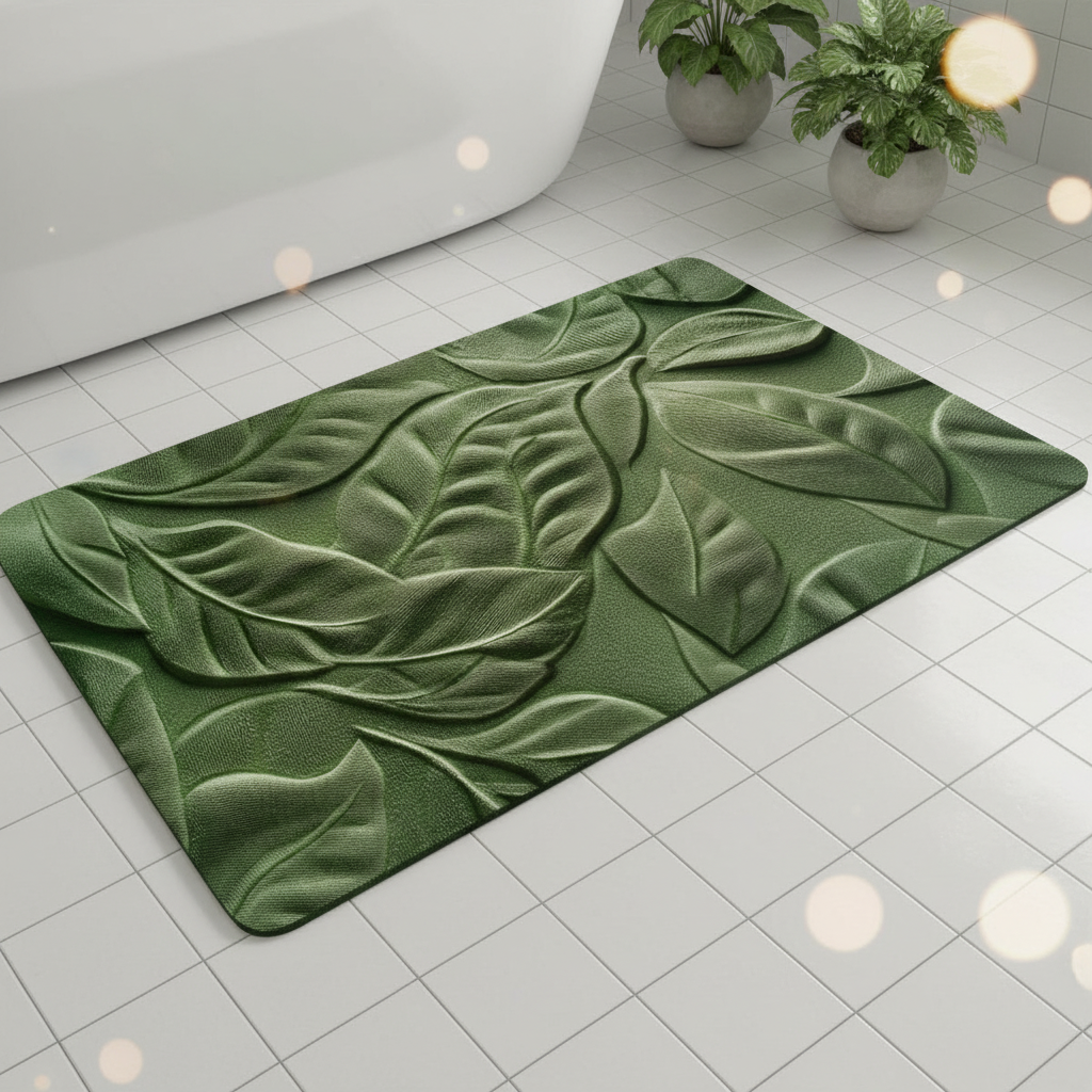 Quick-drying diatomaceous earth bath mat with a modern leaf pattern, non-slip for safe bathroom use. Absorbent home decor.
