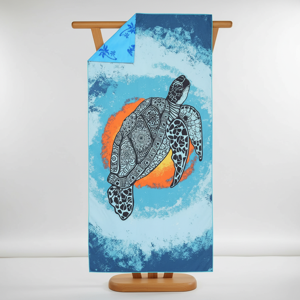 Compact TropicalTouch quick-drying beach and travel towel, showcasing a fun and lively tropical pattern