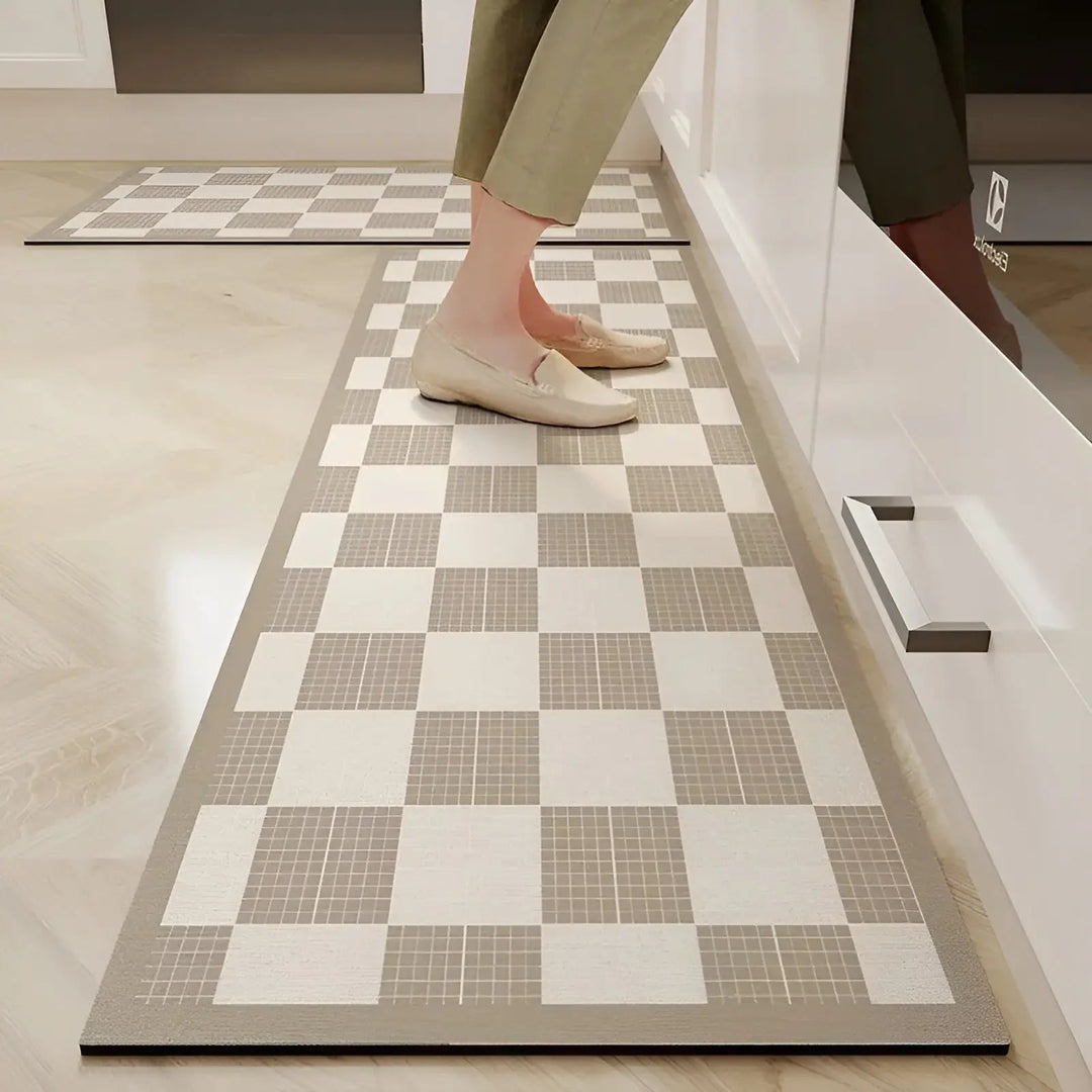 Stylish non-slip kitchen mat, super absorbent and quick-drying. Durable PVC floor mat for modern kitchen decor.
