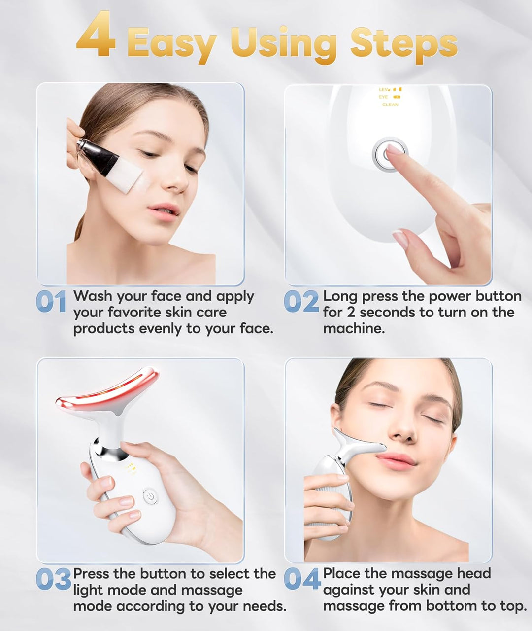 Hand holding RadiantGlow facial massager with multi-colored LED light