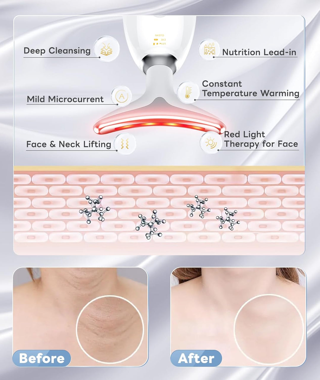 RadiantGlow LED facial massager used on face, demonstrating anti-aging and skin lift.