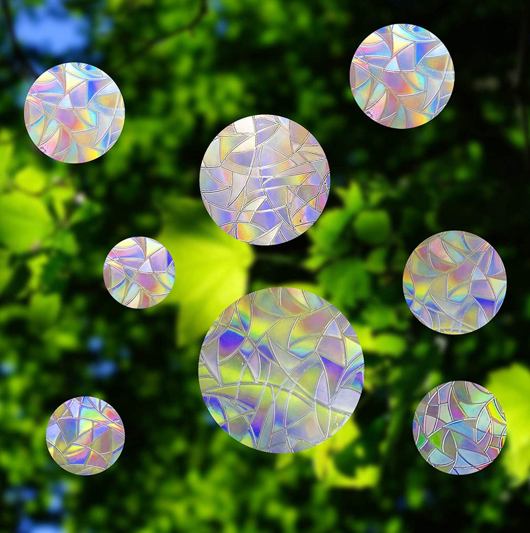 Rainbow prism window decal creating colorful lightreflections, perfect for home decor & bird protection.