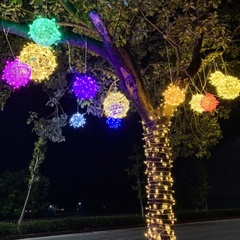 Waterproof rattan LED light ball, ideal for patio, garden, and outdoor decor.