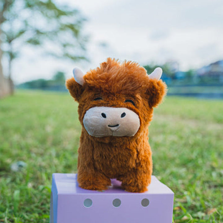 Unisex Highland cow plush toy, realistic design in soft cotton, ideal as a cuddly toy or gift.
