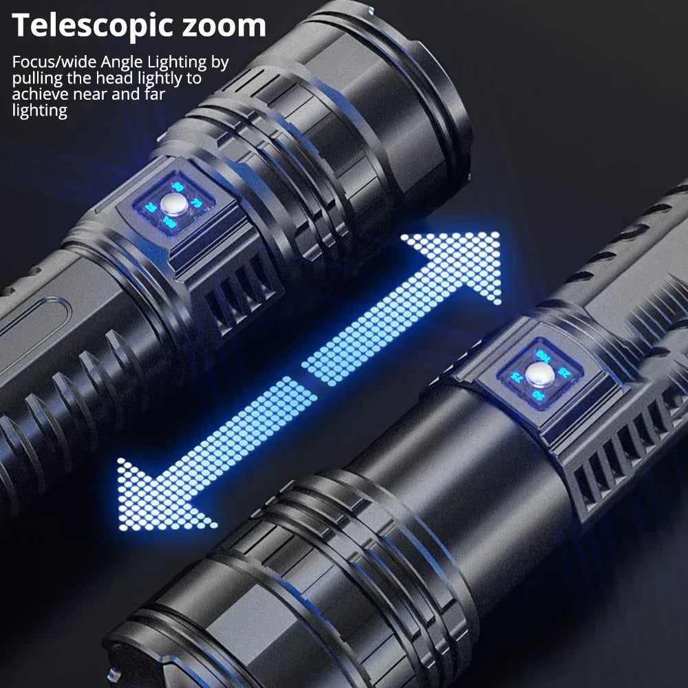 Close-up of the powerful 10000 lumen LED beam from the Striker torch, emergency light
