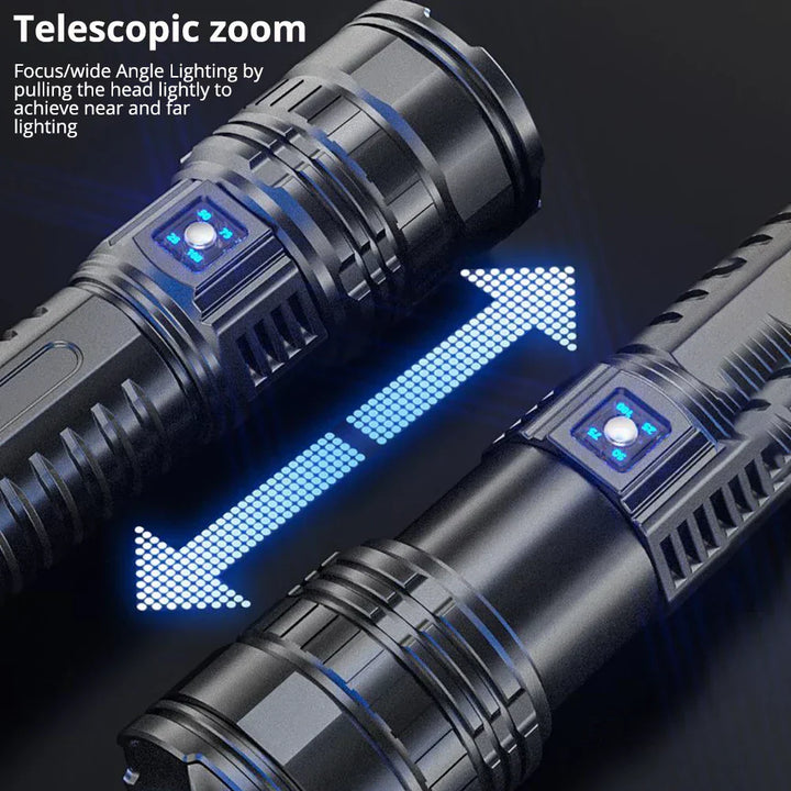 Close-up of the powerful 10000 lumen LED beam from the Striker torch, emergency light
