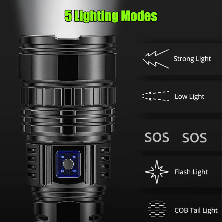 Waterproof 10000 lumen LED torch used in rainy outdoor setting, camping equipment