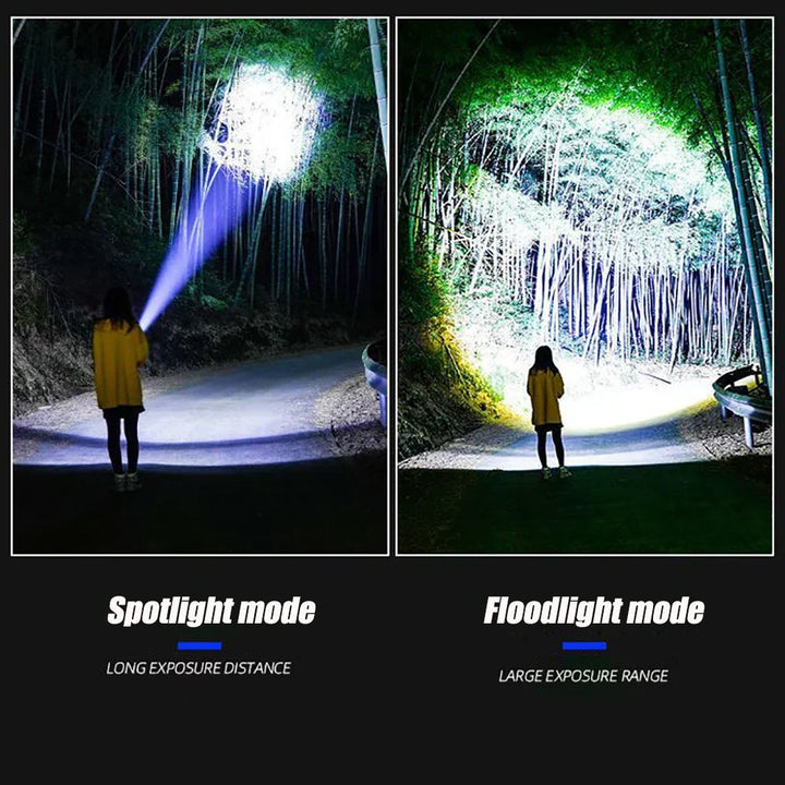 Portable 10000 lumen LED torch with included charging cable & accessories, outdoor kit