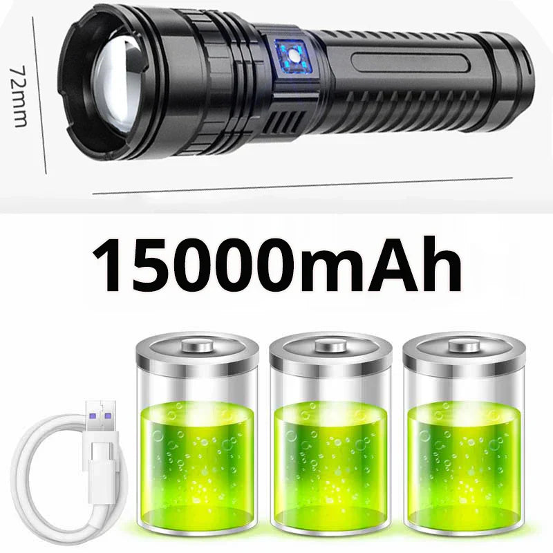 Bright 10000 lumen LED torch illuminating a dark trail, essential camping gear