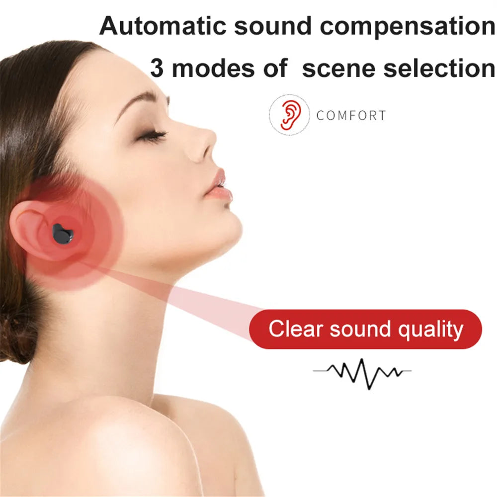 Close-up of discreet rechargeable CIC hearing aid for seniors, ClearTone personal sound
