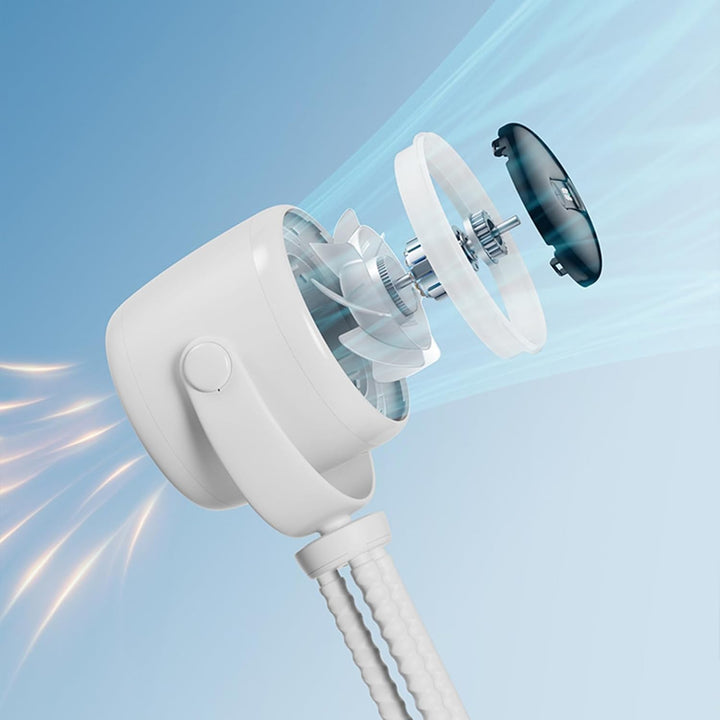 Baby comfort on the go: a white rechargeable stroller fan with a glowing LED night light