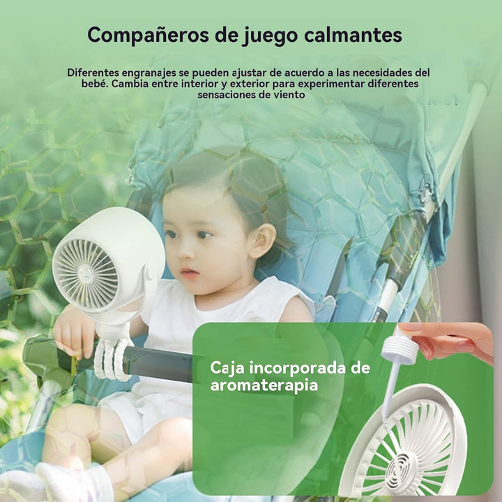 Versatile clip-on fan for infant strollers, featuring a rechargeable battery and soft LED night light