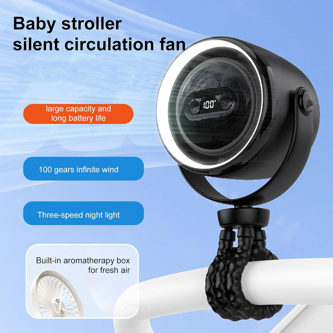 Close-up of a portable baby stroller fan with flexible tripod and integrated LED night light