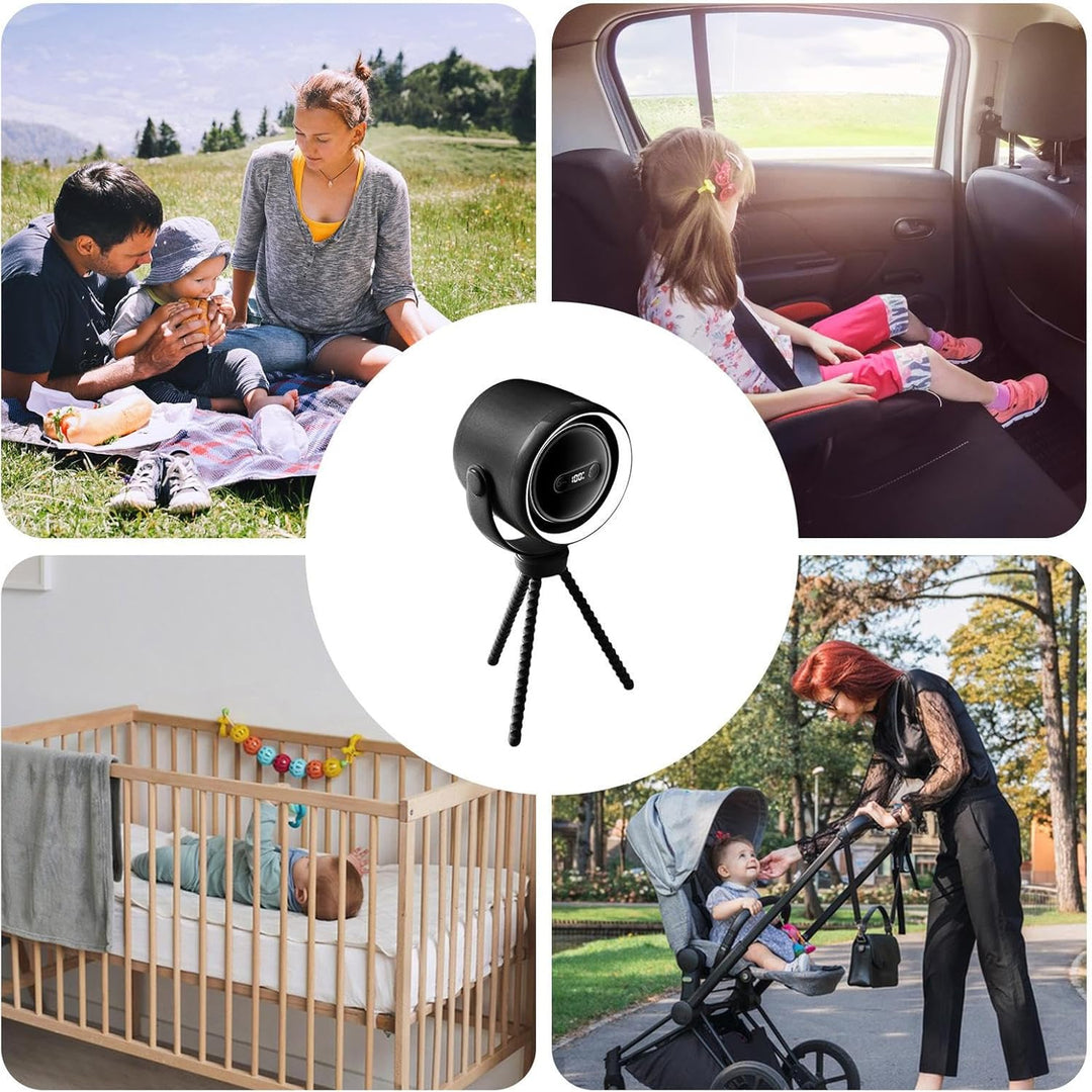 Quiet clip-on fan for strollers, showing its adjustable head and LED night light feature