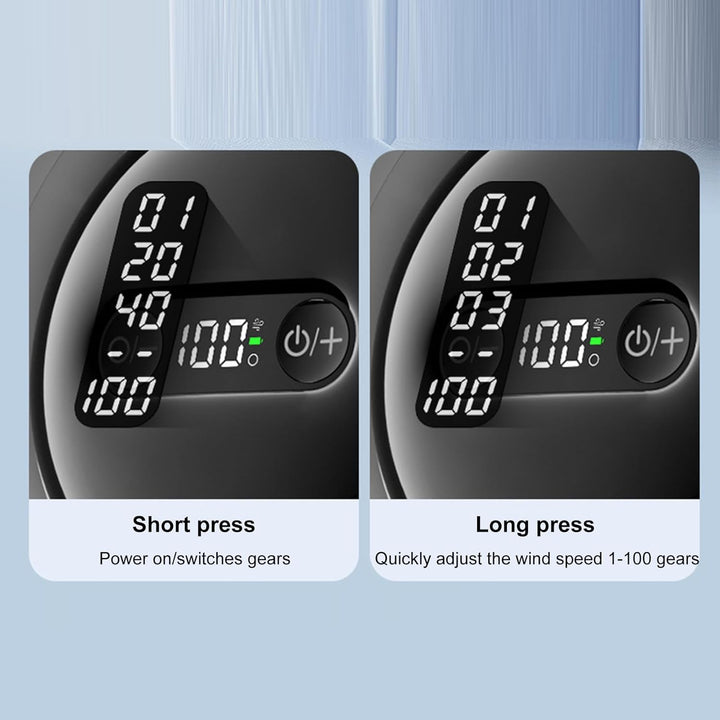 Detail of the LED night light function on a rechargeable USB stroller fan, ideal for babies