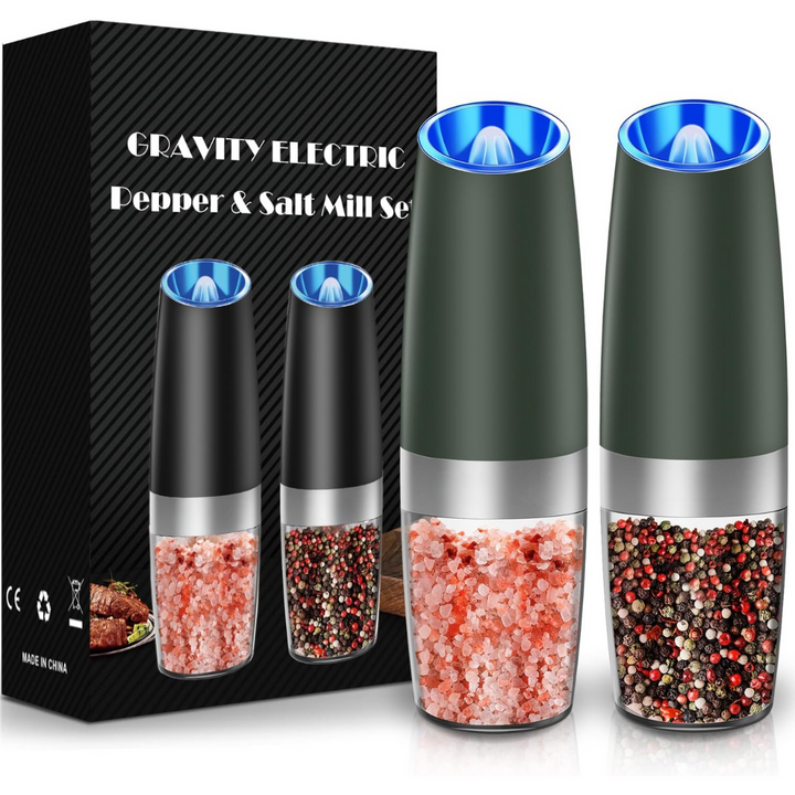Rechargeable electric pepper and salt grinder set on a kitchen countertop