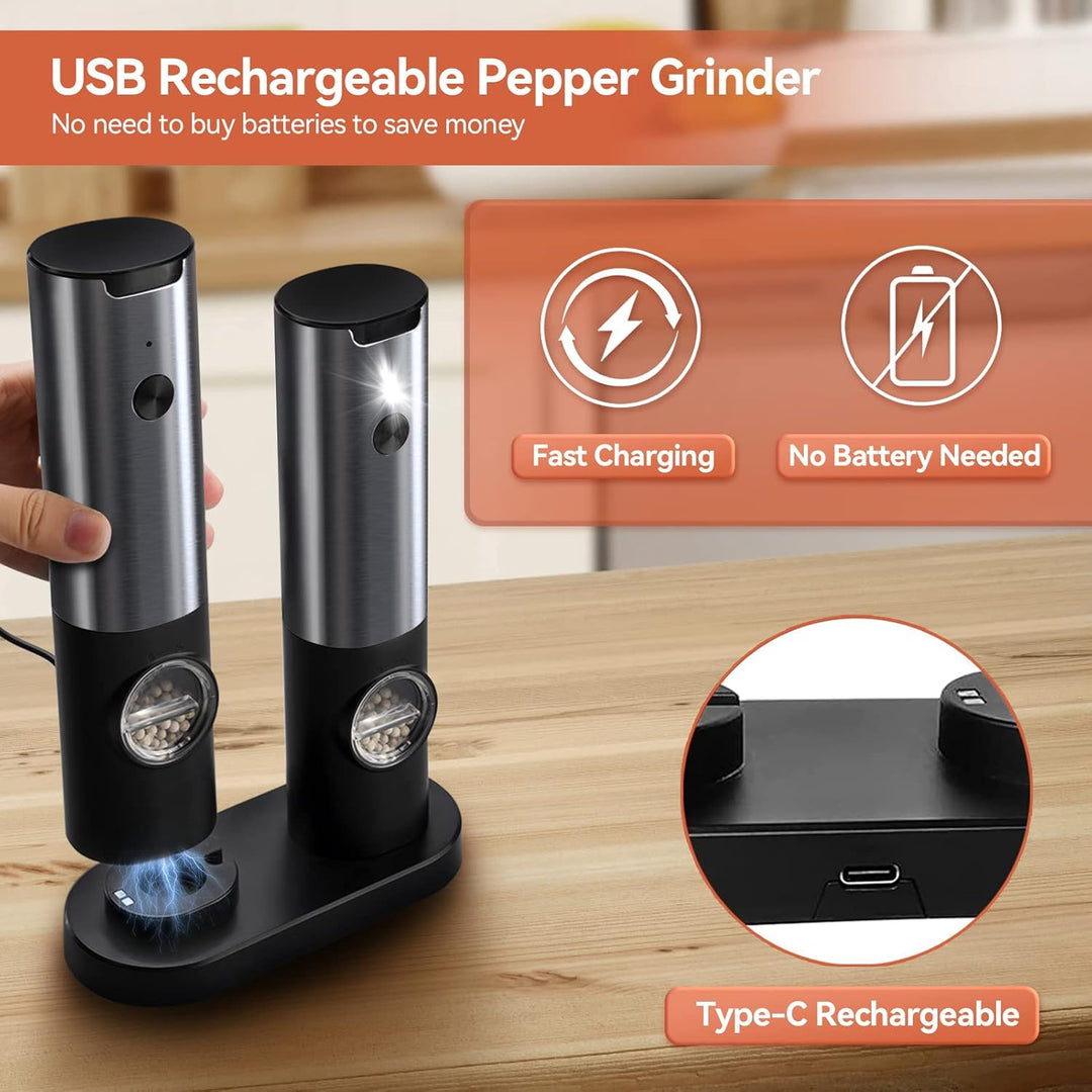 Stylish electric salt and pepper mill set, rechargeable with USB-C, perfect kitchen appliance for seasoning