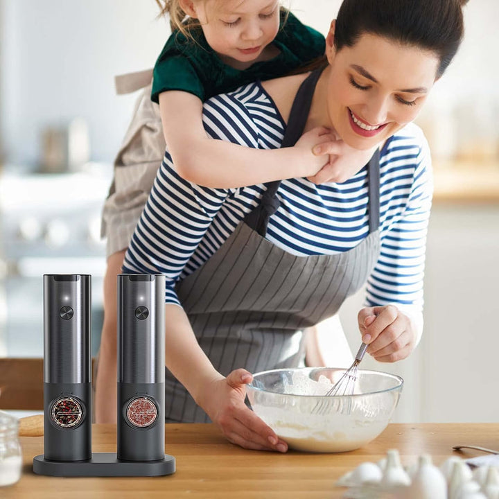 Sleek stainless steel rechargeable electric salt and pepper grinder set, essential cooking tools for flavor