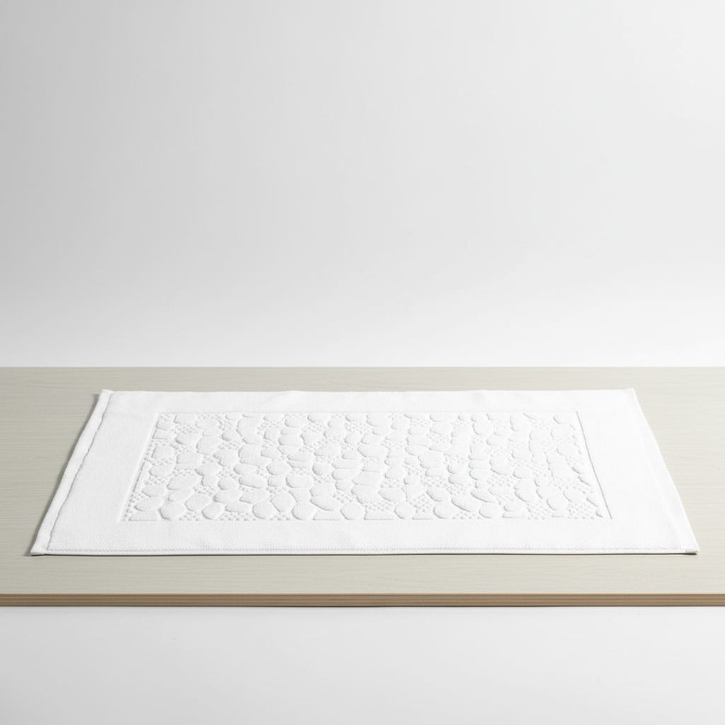 Absorbent rectangular cotton bath mat with subtle geometric pattern, ideal for a comfortable bathroom.