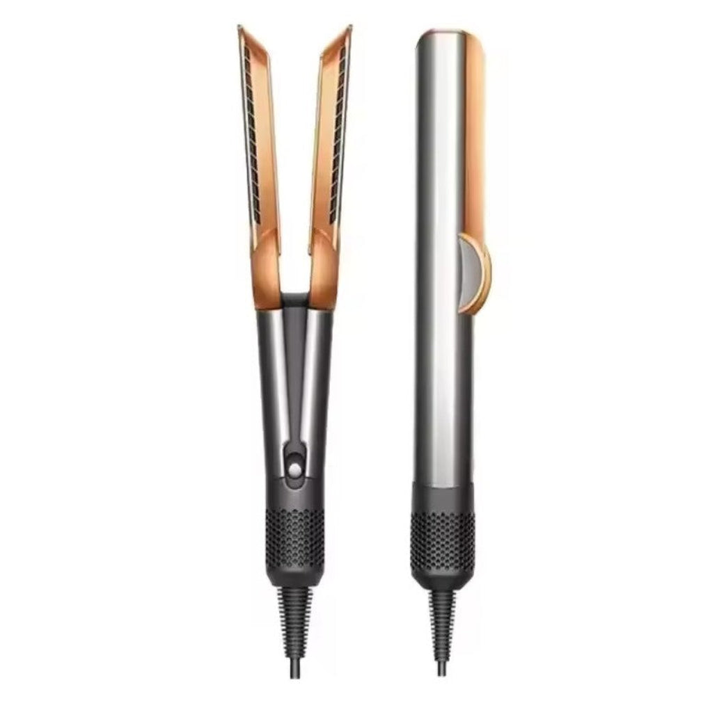 Close-up of the heating plates and nozzle of the red 2-in-1 hair styler, a versatile beauty and hair care tool.