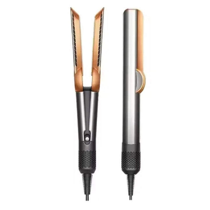 Close-up of the heating plates and nozzle of the red 2-in-1 hair styler, a versatile beauty and hair care tool.