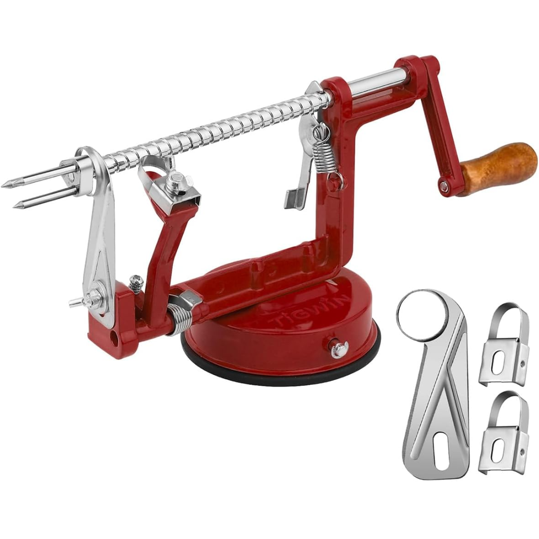CoreSlicer apple peeler & corer showing a perfectly peeled and cored apple