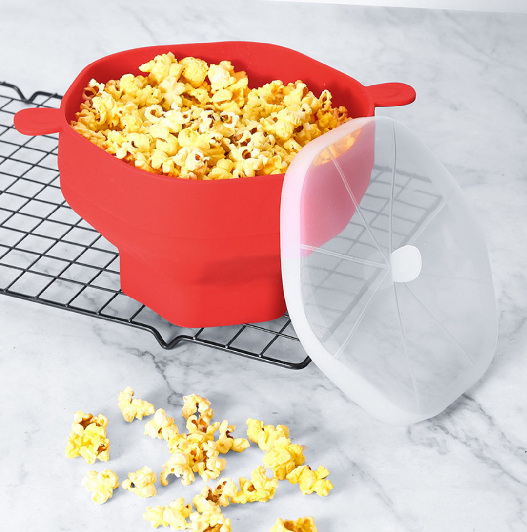 Yellow CrispyPop reusable silicone popcorn maker. Perfect for microwave, healthy, oil-free, easy homemade snacks.