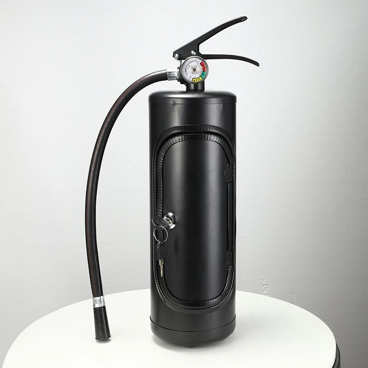 Fun red fire extinguisher drink holder for parties & entertaining. Ideal as a whiskey or wine bottle stand.